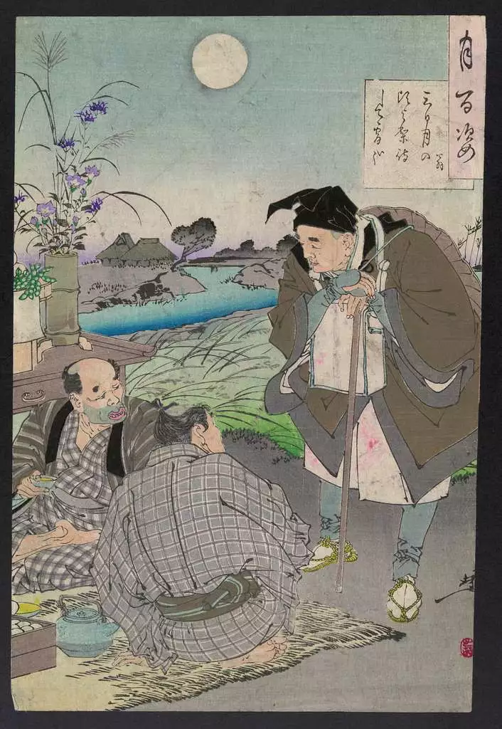 Haiku master Matsuo Bashō talking to two men having tea, print by Taiso Yoshitoshi (public domain)