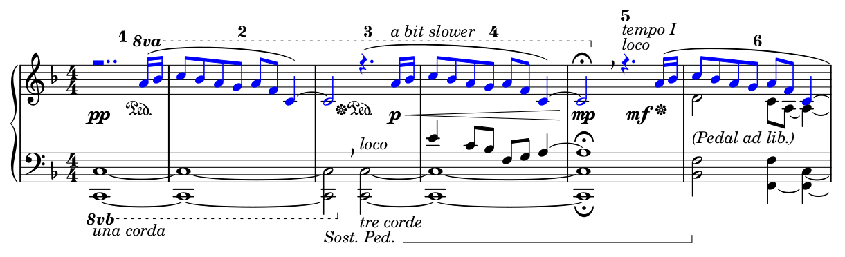 Measures 1–6: melody (shown in blue) is stated three times
