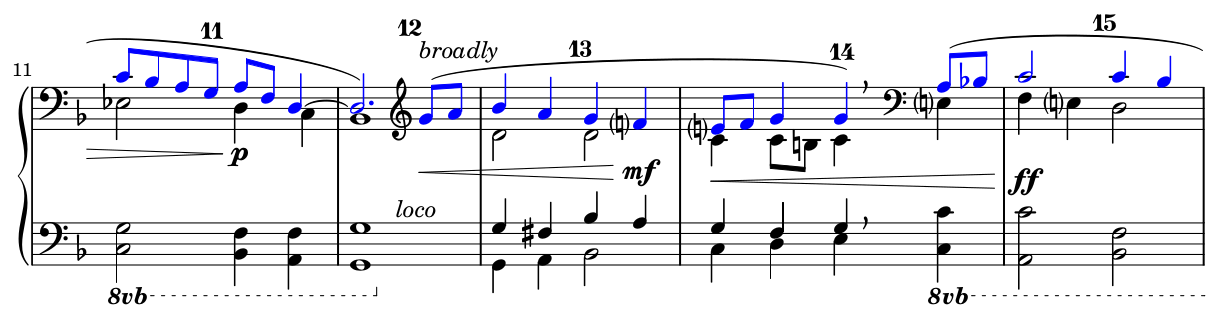 Measures 11–16: further melodic variation