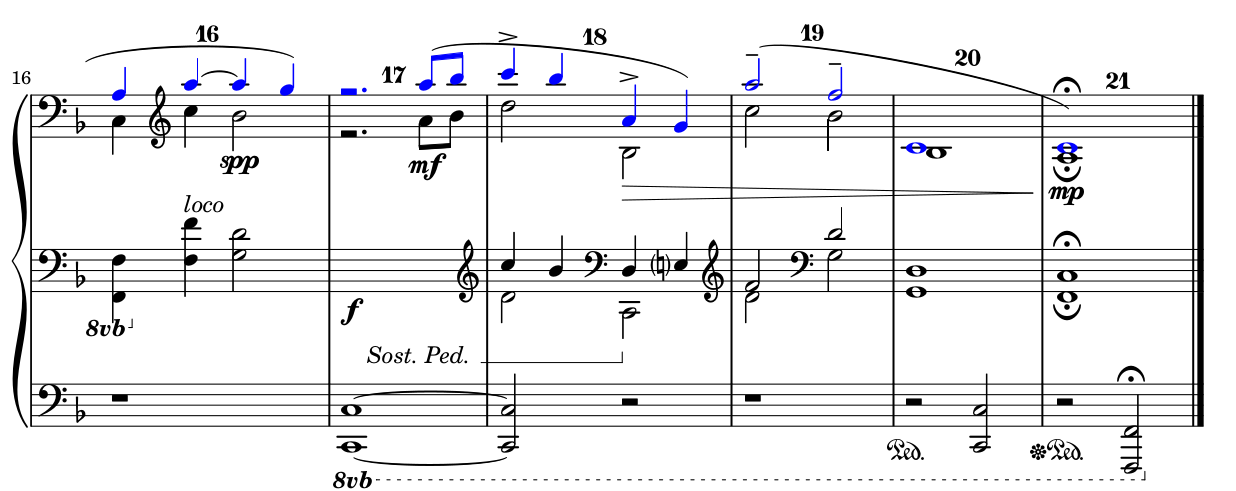 Measures 17–21: final statement of melody in augmentation