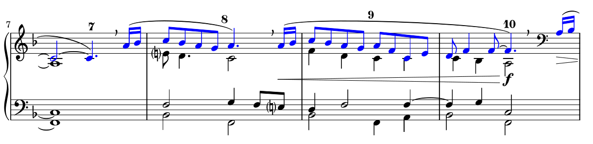 Measures 7–10: slight melodic variation