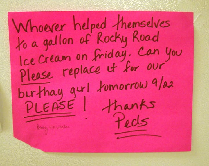 A passive-aggressive note left for co-workers