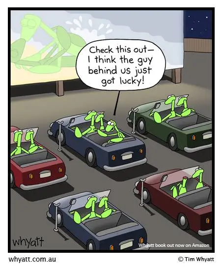 Praying mantes at the drive-in (cartoon ©Tim Whyatt, used with permission of Whyatt Cartoons*)