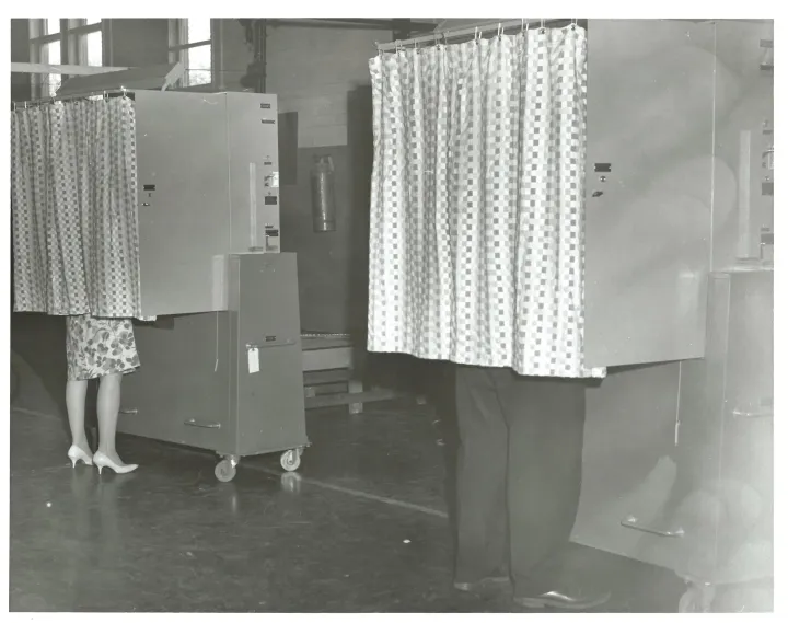 Voting booths, 1966 • (Photo Credit: Clackamas County Historical Society • CC BY-NC 2.0)