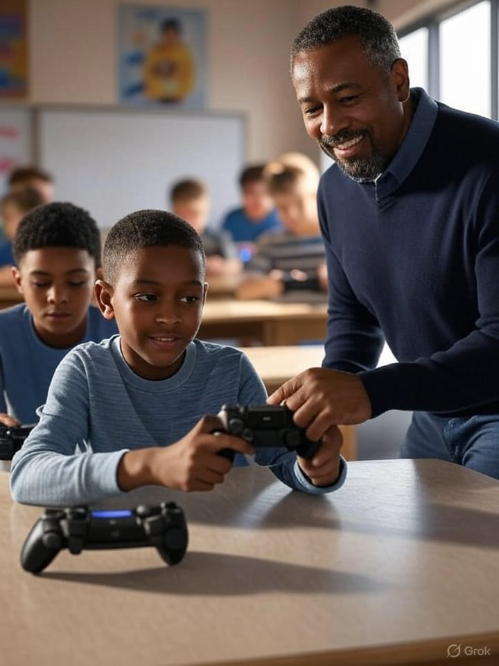 Consultant helping a student with a game controller (Photo Credit: xAI’s Grok, 20 September 2025)